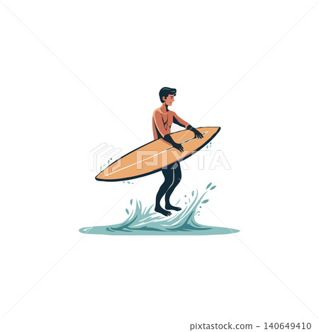 A stylized illustration captures a young man walking into the ocean with his surfboard, ready to embrace the waves. The simplistic design and calming colors evoke a sense of leisure and the thrill A stylized illustration captures a young man walking into the ocean with his surfboard, ready to embrace the waves. The simplistic design and calming colors evoke a sense of leisure and the thrill 140649410