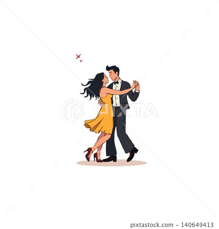 A stylized illustration shows a couple dancing gracefully, exuding romance and intimacy. The man in a tuxedo and woman in a flowy dress share a loving embrace during this celebratory event. The A stylized illustration shows a couple dancing gracefully, exuding romance and intimacy. The man in a tuxedo and woman in a flowy dress share a loving embrace during this celebratory event. The 140649413