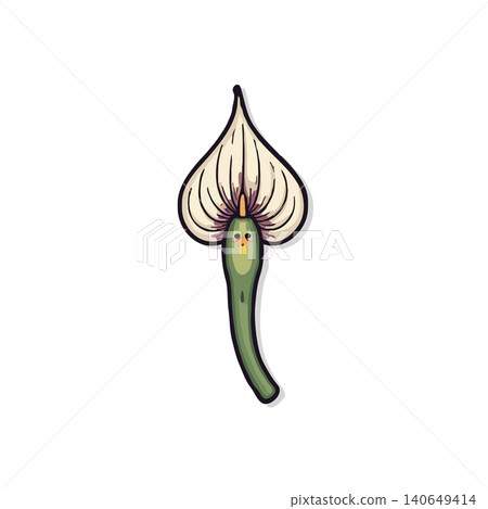 A charming botanical cartoon character illustration showcases a whimsical plant with gentle features. Its playful design and isolated presentation make it a delightful element for various creative 140649414