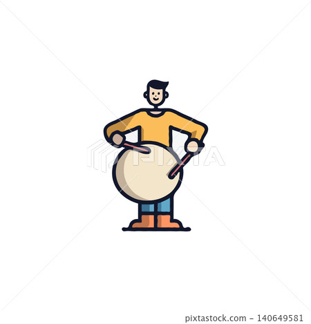 A delightful cartoon illustration depicts a vibrant percussionist wholeheartedly engaged in a rhythmic performance. The artist style adds a touch of whimsy, capturing the musician's passion and the 140649581