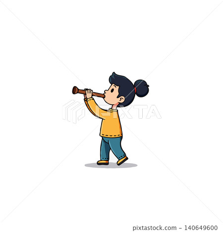 A delightful illustration of a young girl passionately playing a wooden flute. Her focus and the whimsical design evoke a sense of joyful musical exploration and creative expression. It captures the A delightful illustration of a young girl passionately playing a wooden flute. Her focus and the whimsical design evoke a sense of joyful musical exploration and creative expression. It captures the 140649600