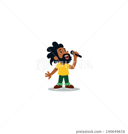 A cheerful cartoon man with a beard sings into a microphone with enthusiastic gestures. This vector illustration showcases a fun, engaging character ideal for projects related to music, performance, A cheerful cartoon man with a beard sings into a microphone with enthusiastic gestures. This vector illustration showcases a fun, engaging character ideal for projects related to music, performance, 140649616