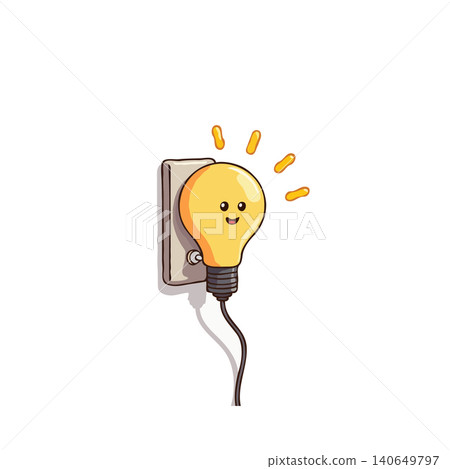 A charming cartoon illustration featuring a light bulb plugged into a wall socket, radiating light and displaying a delightful smile. This conveys a sense of bright ideas, energy, and positive A charming cartoon illustration featuring a light bulb plugged into a wall socket, radiating light and displaying a delightful smile. This conveys a sense of bright ideas, energy, and positive 140649797
