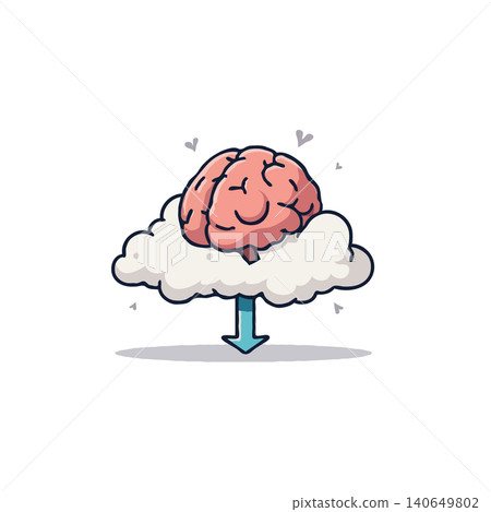 A vibrant illustration depicts a brain resting atop a fluffy cloud, connected by an arrow symbolizing downloading or processing information. It represents cognitive processes, cloud computing, 140649802