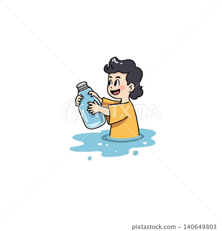 A cartoon illustration showcases a joyful boy holding a clear water bottle, standing in a pool of water. The simple, colorful artwork evokes a sense of happiness, refreshment, and carefree A cartoon illustration showcases a joyful boy holding a clear water bottle, standing in a pool of water. The simple, colorful artwork evokes a sense of happiness, refreshment, and carefree 140649803