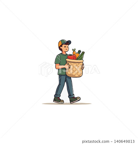 A charming illustration depicts a young character carrying a woven basket overflowing with fresh groceries. The image conveys a sense of healthy eating and the daily task of acquiring fresh produce, 140649813
