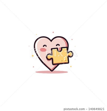 A whimsical illustration presents a heart-shaped character with rosy cheeks, tenderly holding a puzzle piece. This delightful image embodies the concepts of love, connection, and the joy of finding A whimsical illustration presents a heart-shaped character with rosy cheeks, tenderly holding a puzzle piece. This delightful image embodies the concepts of love, connection, and the joy of finding 140649821