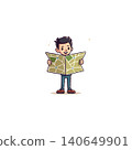 An eager cartoon boy is holding a map, searching for a new place. The character seems ready to explore and navigate an interesting tour. This illustrated graphics conveys a sense of adventure, 140649901