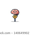 A cheerful cartoon brain character positioned above a road sign with an upward-pointing arrow, suggesting ideas of intellectual direction, smart decision-making, and the pursuit of knowledge, 140649902