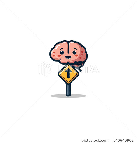 A cheerful cartoon brain character positioned above a road sign with an upward-pointing arrow, suggesting ideas of intellectual direction, smart decision-making, and the pursuit of knowledge, A cheerful cartoon brain character positioned above a road sign with an upward-pointing arrow, suggesting ideas of intellectual direction, smart decision-making, and the pursuit of knowledge, 140649902