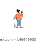 A minimalist vector illustration portrays a girl gently holding a flower, representing the simple joy of connecting with nature in a peaceful, carefree setting. It captures the essence of youthful 140649903