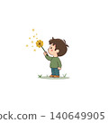 A charming illustration depicts a young boy holding a dandelion as a magic wand, scattering glistening stardust. The scene captures the essence of childhood wonder, imagination, and the simple joys 140649905