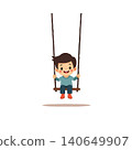 This charming illustration depicts a happy young boy joyfully swinging on a swing set. With a bright smile and cheerful demeanor, he embodies the essence of carefree childhood fun and playful 140649907