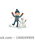 A cheerful boy clad in winter attire joyfully raises his arms while standing beside a snowman, set against a bright backdrop. The snowy scene creates a heartwarming moment showcasing winter delight, 140649909