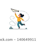 A whimsical illustration depicts a girl leaping with joy as she chases a paper airplane. Symbolizing youthful ambition and the boundless possibilities of dreams. The scene inspires hope and 140649911