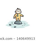 An adorable cartoon character fearlessly stands on a small rock in calm waters. The cheerful illustration conveys a sense of carefree adventure and childlike wonder, capturing a moment of playful 140649913
