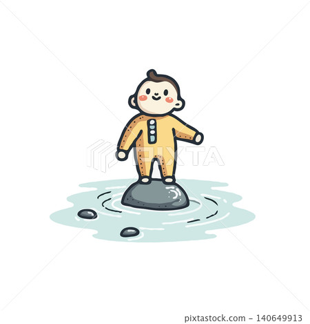 An adorable cartoon character fearlessly stands on a small rock in calm waters. The cheerful illustration conveys a sense of carefree adventure and childlike wonder, capturing a moment of playful An adorable cartoon character fearlessly stands on a small rock in calm waters. The cheerful illustration conveys a sense of carefree adventure and childlike wonder, capturing a moment of playful 140649913