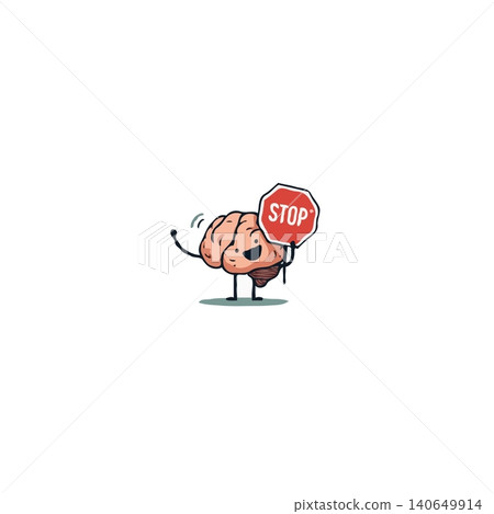A cartoon brain character merrily holds a stop sign, suggesting the need to pause, rethink, and possibly limit certain thought patterns for better mental health. This cheerful depiction promotes A cartoon brain character merrily holds a stop sign, suggesting the need to pause, rethink, and possibly limit certain thought patterns for better mental health. This cheerful depiction promotes 140649914