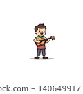 A cheerful young boy is playing a ukulele, his eyes reflecting his enthusiasm for creating music. This evokes a sense of joy, innocence, and the carefree exploration of childhood hobbies. Perfect 140649917