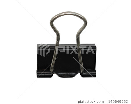 Single black metal paper clip on plain white background, office supply. 140649962