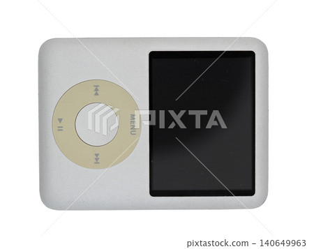 Top-down close-up view of a silver MP3 music player with a distinct click wheel. Top-down close-up view of a silver MP3 music player with a distinct click wheel. 140649963