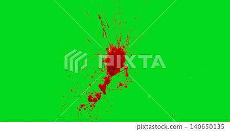 Explosive red blood splatter isolated on green screen background. Dynamic liquid impact with droplets and spray effect for chroma key compositing, VFX and video production. 140650135