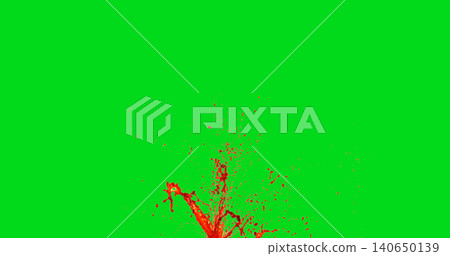 High speed red liquid splash explosion isolated on green screen background. Dynamic fluid burst with droplets for chroma key compositing, VFX, motion graphics and video editing. 140650139