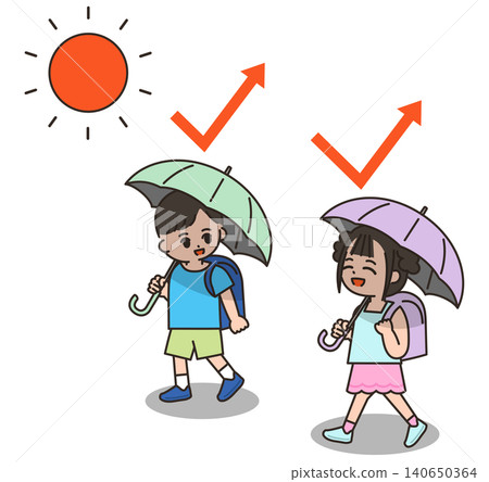 孩子們撐著陽傘去上學。 孩子們撐著陽傘去上學。 140650364