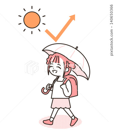A girl walking to school with a parasol. 140650366