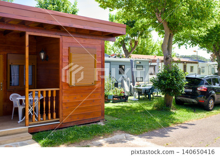 Wooden Holiday Bungalow With Veranda and Cars at Mixed Campsite Wooden Holiday Bungalow With Veranda and Cars at Mixed Campsite 140650416