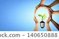 Bulb with seedling on soil. Earth day and earth day as group of diverse people joining to form hands connected together protecting the environment and promoting conservation and climate change issues 140650888