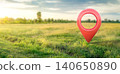 Land for sale with location pin icon on earth and green grass in real estate sale or property investment concept, Buying new home for family - 3d of big advertising sign. Land plot management. 140650890