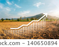 Land, landscape or green field in aerial view. Include house building, bar chart or graph, increase graph arrow. Real estate or property with concept for sale price, land price, property tax. 140650894