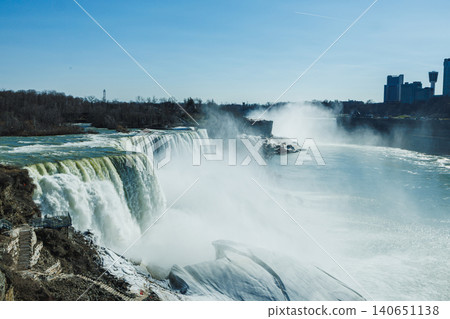 Niagara Falls during daylight with water cascading down in large volumes on a clear sky day Niagara Falls during daylight with water cascading down in large volumes on a clear sky day 140651138