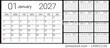 2027 Monthly Calendar Template With January Grid and Year Overview for Planning and Scheduling. 140651191