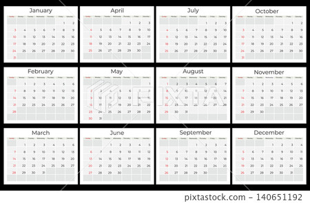 Year Calendar Grid Showing Twelve Monthly Planners and Blank Date Boxes for Scheduling and Planning. Year Calendar Grid Showing Twelve Monthly Planners and Blank Date Boxes for Scheduling and Planning. 140651192