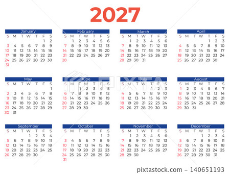2027 Calendar Year Planner Layout With Months, Dates and Clean Monthly Grid. 2027 Calendar Year Planner Layout With Months, Dates and Clean Monthly Grid. 140651193