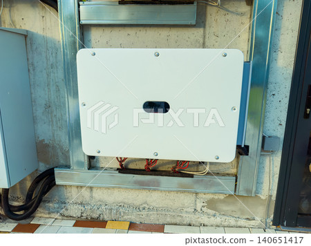 White panel mounted on wall with wires and electrical box visible at urban location during daytime White panel mounted on wall with wires and electrical box visible at urban location during daytime 140651417