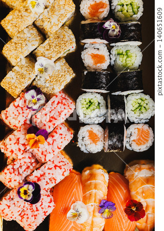 Assorted sushi rolls and sashimi served on a black platter during a dining experience in a restaurant setting at night Assorted sushi rolls and sashimi served on a black platter during a dining experience in a restaurant setting at night 140651609