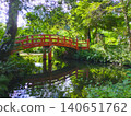 A red arched bridge and Muro no Yashima Pond stand out against the greenery of the Japanese garden in the fresh green season [Omiwa Shrine/Tochigi] 140651762