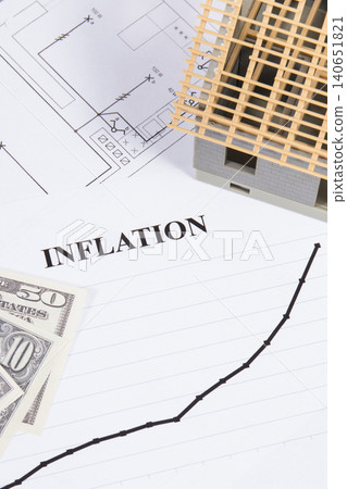 Inscription inflation, currencies Dollar, toy house under construction and construction drawings Inscription inflation, currencies Dollar, toy house under construction and construction drawings 140651821