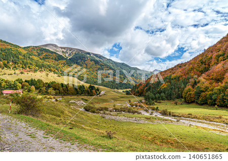 Driving through the Anso Valley to Zuriza, Valles Occidentales Natural Park in the Pyrenees, Aragon, Spain, Europe 140651865