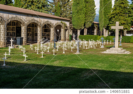 Detail on the christian graveyard with marble tombs and crosses in Jaca, Spain Detail on the christian graveyard with marble tombs and crosses in Jaca, Spain 140651881