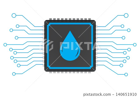 Digital water monitoring chip with blue droplet icon. 3D rendering Digital water monitoring chip with blue droplet icon. 3D rendering 140651910