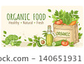 Fresh organic food banner with paper bag and vegetables 140651931