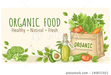 Fresh organic food banner with paper bag and vegetables Fresh organic food banner with paper bag and vegetables 140651931