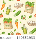Seamless pattern with organic food, vegetables, olive oil, eggs 140651933