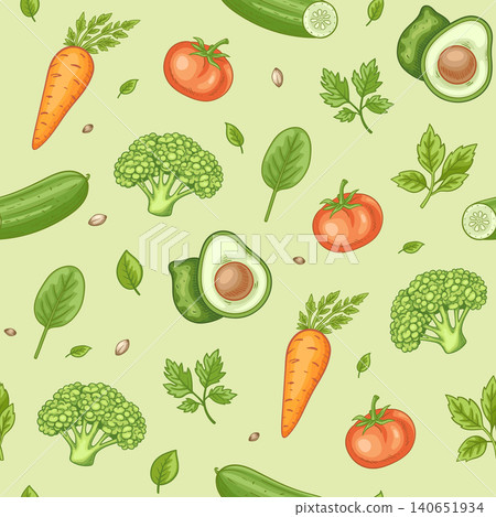 Seamless pattern with organic food, vegetables and green leaves. Seamless pattern with organic food, vegetables and green leaves. 140651934