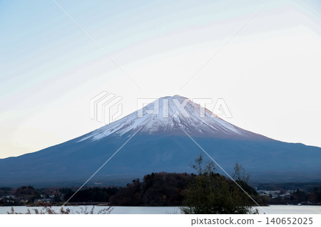 Mount Fuji View from Lake Kawaguchi with Town and Trees in Japan 140652025