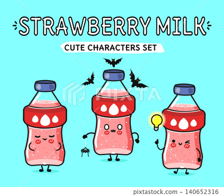 Cute strawberry milk bottle characters with different emotions 140652316